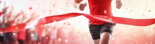 A runner in a red shirt crosses the finish line, breaking a ribbon, celebrating victory amidst a cheering crowd. photo