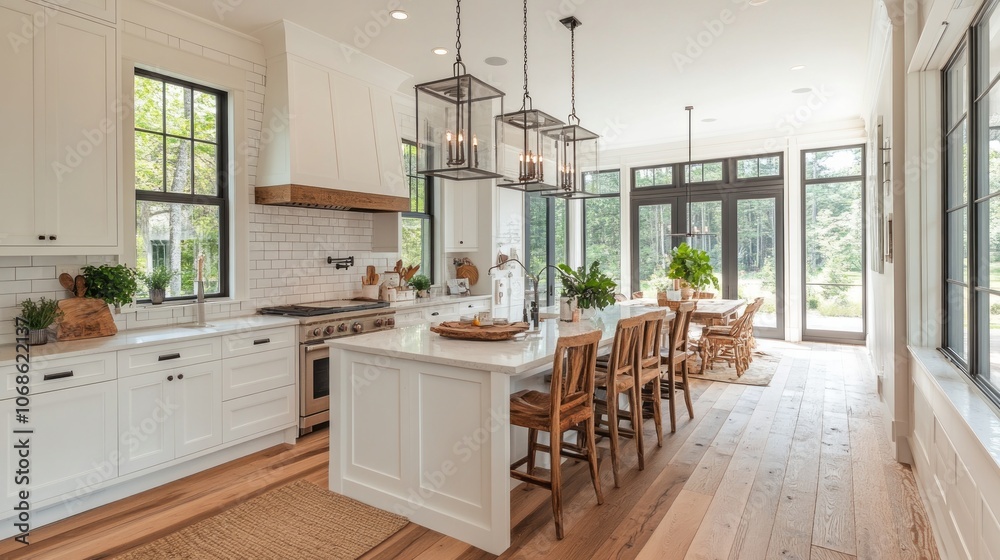 Fototapeta premium Modern Kitchen with White Cabinets, Island, and Wood Floors