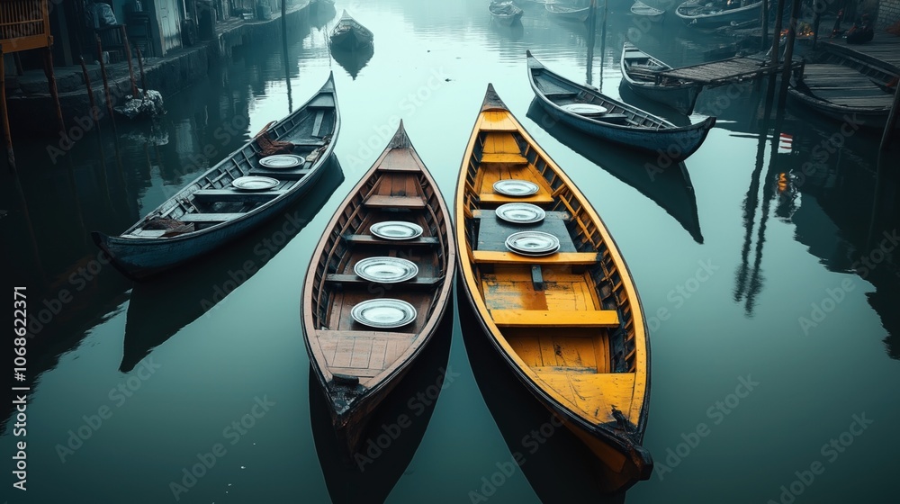 Five traditional wooden boats moored in a calm waterway with reflections of structures and a misty atmosphere, featuring a distinct yellow boat among them. Five traditional wooden boats moored in a calm waterway with reflections of structures and a misty atmosphere, featuring a distinct yellow boat among them.