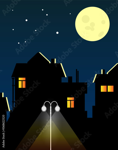 Fragment of a night city. Dark houses silhouettes, glowing windows, lantern, moon and stars. Vector illustration