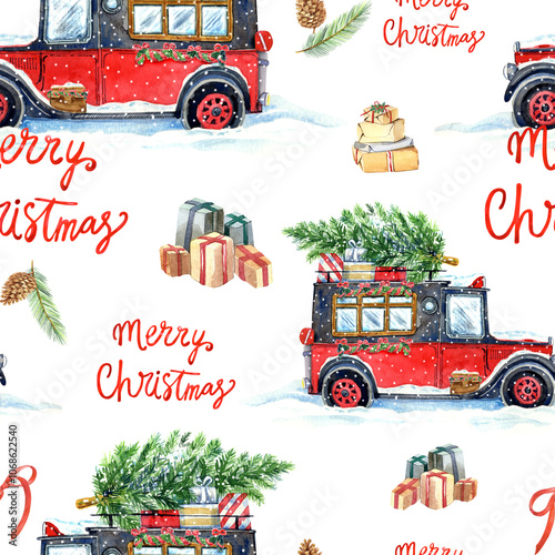 Seamless pattern with red truck christmas car, christmas 
tree, gift boxes, snowflakes.
 Hand painted in watercolor.