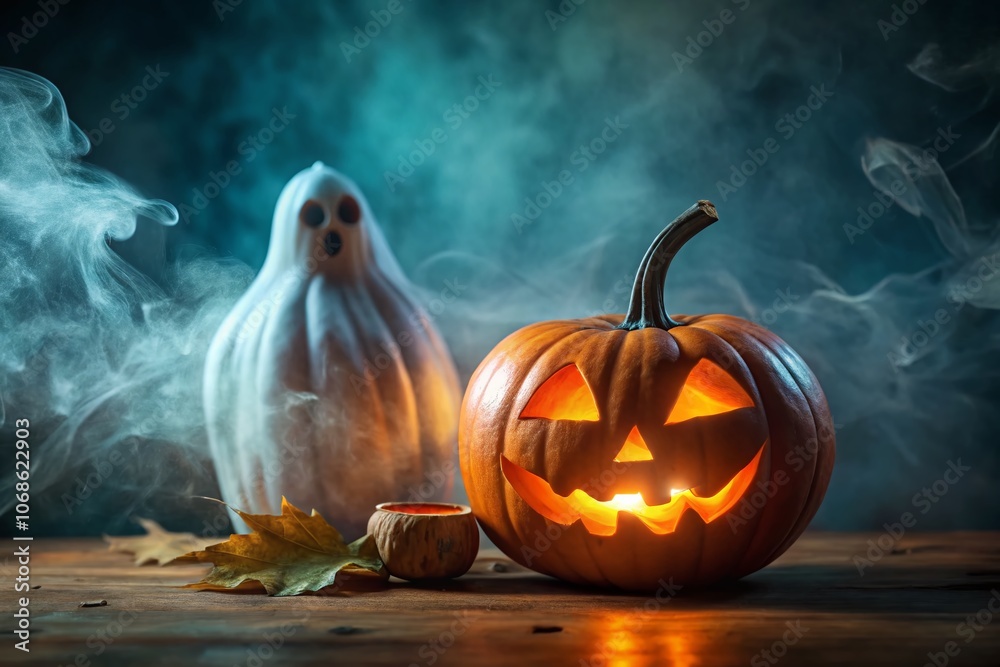 Spooky Halloween Pumpkin and Ghost D Rendering for Festive Banners and Backgrounds, Ideal for Halloween Parties, Decorations, and Seasonal Celebrations Spooky Halloween Pumpkin and Ghost D Rendering for Festive Banners and Backgrounds, Ideal for Halloween Parties, Decorations, and Seasonal Celebrations