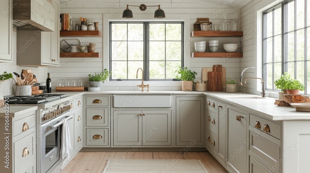 Fototapeta premium White Kitchen with Farmhouse Sink and Brass Hardware