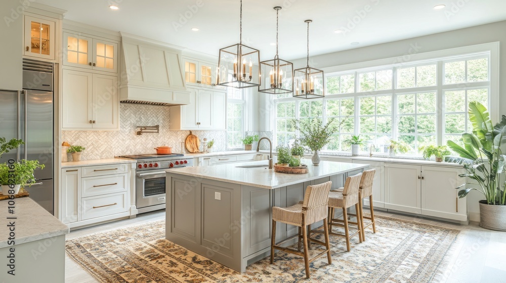 Fototapeta premium Modern Kitchen Interior with White Cabinets and Island