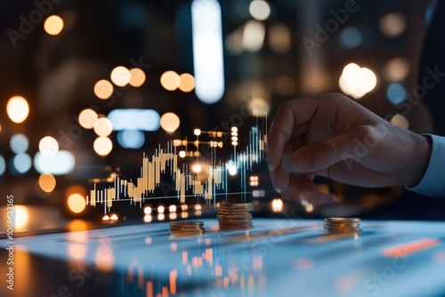 A digital hand interacts with a futuristic holographic financial chart amidst a glowing bokeh background, symbolizing innovation and the digitalization of finance. photo