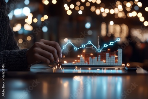 A futuristic hologram illustrates economic stock market data with cityscape in the background, symbolizing innovation and technological advancement in finance sector. photo