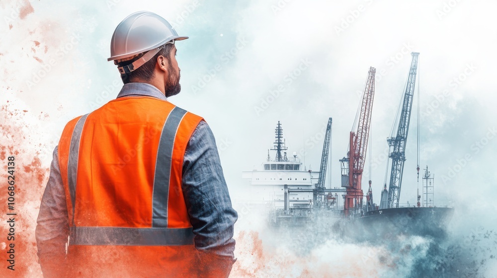 A worker in a safety vest and helmet gazes at oil rigs, surrounded by smoke, embodying the industrial and maritime environment. A worker in a safety vest and helmet gazes at oil rigs, surrounded by smoke, embodying the industrial and maritime environment.