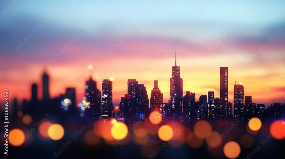 Fototapeta premium Silhouette of a vibrant city skyline at dusk, with blurred lights creating a dreamy atmosphere.
