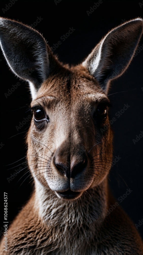 Fototapeta premium Close-Up of a Kangaroo Standing Proudly Black Background Front View half Body
