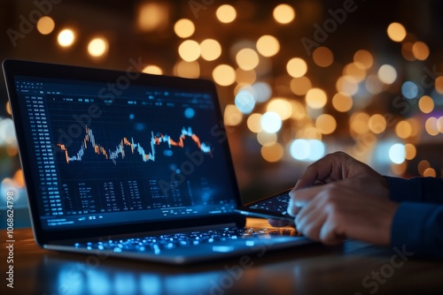 A close-up of a person working with a laptop and smartphone displaying complex stock market graphs, symbolizing investment decisions based on data analysis.