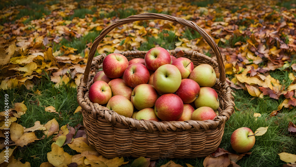A handwoven basket filled with a harvest of plump apples and pears surrounded by autumn foliage, Ai Generated A handwoven basket filled with a harvest of plump apples and pears surrounded by autumn foliage, Ai Generated