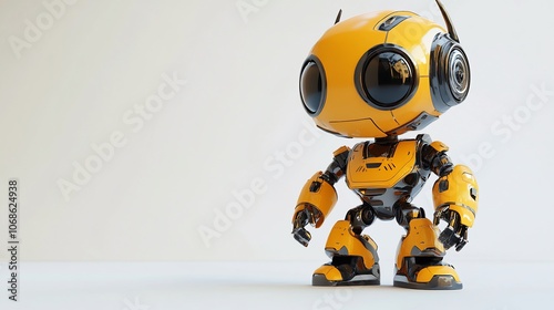 A small yellow robot with black accents stands on a white background.