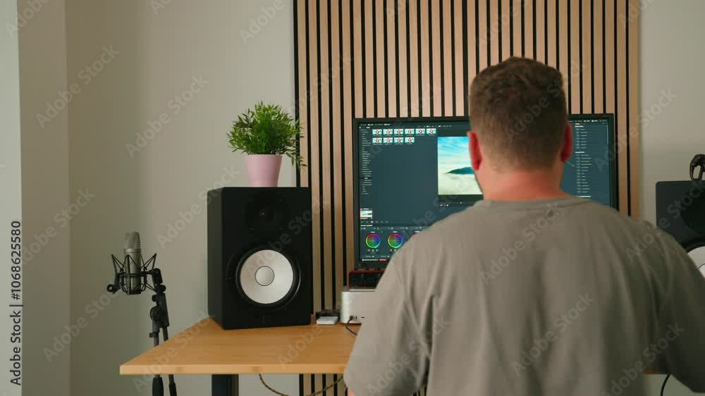 Content creator focused on video editing in a home studio with professional audio equipment, editing software on screen, and minimalist workspace design. Content creator focused on video editing in a home studio with professional audio equipment, editing software on screen, and minimalist workspace design.