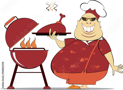 Smiling fat cook preparing meal on fire.
Grilling. Cheerfulness fat cook with big belly holding a tray with meat, duck or chicken. Isolated on white background
