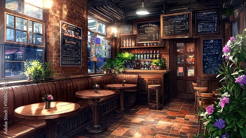 Cozy Cafe Interior with Brick Walls and Wooden Furniture.