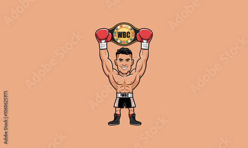 Cartoon boxer holding championship belt above his head