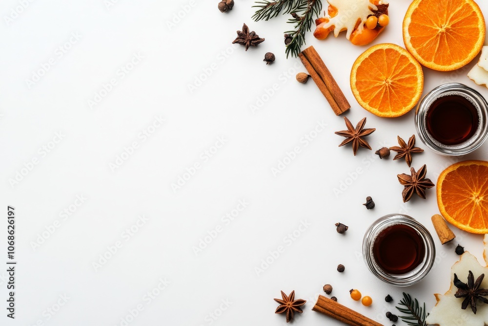 A blend of orange slices, cinnamon, and star anise create a festive, warm mood enhanced by lush greenery. Perfect for holiday-themed projects and promotions. A blend of orange slices, cinnamon, and star anise create a festive, warm mood enhanced by lush greenery. Perfect for holiday-themed projects and promotions.