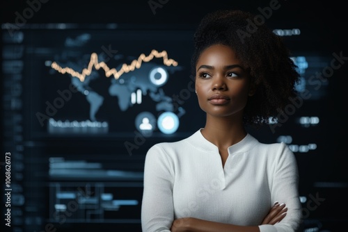 A confident woman stands with arms crossed before dynamic data visualizations, conveying leadership, intelligence, and precision in a tech-driven world culture. photo