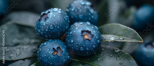 Dark blue berries with water droplets on them, with green leaves in the background photo