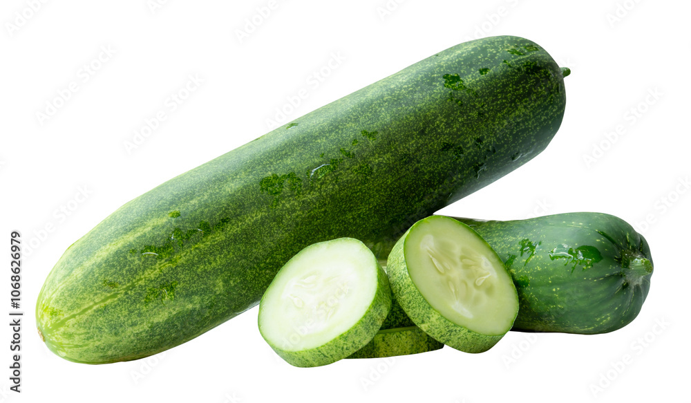 Side view of fresh green cucumber with slices in circle shape in stack isolated with clipping path in png file format Side view of fresh green cucumber with slices in circle shape in stack isolated with clipping path in png file format