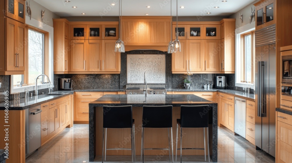 Modern Kitchen with Island, Stainless Steel Appliances, and Wooden Cabinets Modern Kitchen with Island, Stainless Steel Appliances, and Wooden Cabinets