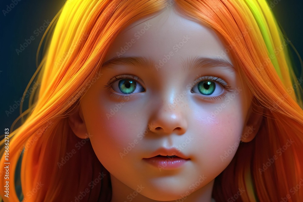 cute little girl with smooth facial features,blue,green,yellow,orange cute little girl with smooth facial features,blue,green,yellow,orange