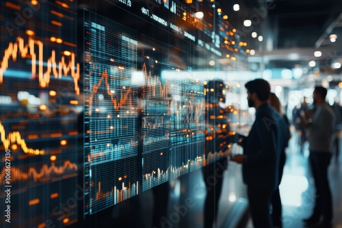 Wallpaper Mural In a high-tech office setting, data analysts examine vibrant and dynamic stock market graphics on digital screens, showcasing trading activity and market fluctuations. Torontodigital.ca