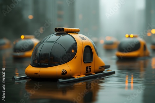 Wallpaper Mural Sleek and advanced cargo hydrofoils gliding effortlessly across flooded moody urban landscapes with reflective surfaces and retro futuristic utilitarian design elements Torontodigital.ca