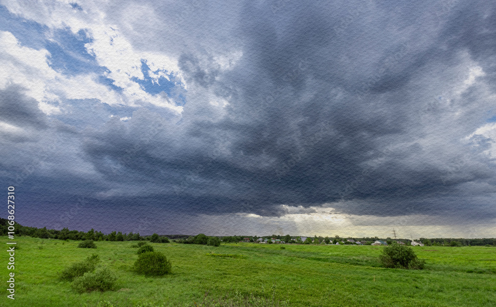 A stormy sky with dark clouds looming over a field A stormy sky with dark clouds looming over a field
