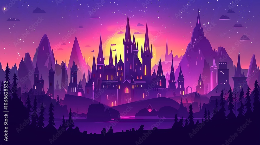 Naklejka premium Majestic Castle Silhouette Under a Starry Night Sky.