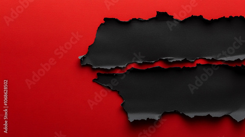 Torn black paper on red background. Copy space. Top view. Black Friday Concept. 