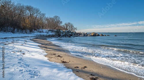 Wide-open winter beach with snow covering the sandy shore gentle waves lap against the snow-dusted rocks while a pale blue sky stretches above capturing the rare beauty of a coastline in winters grasp