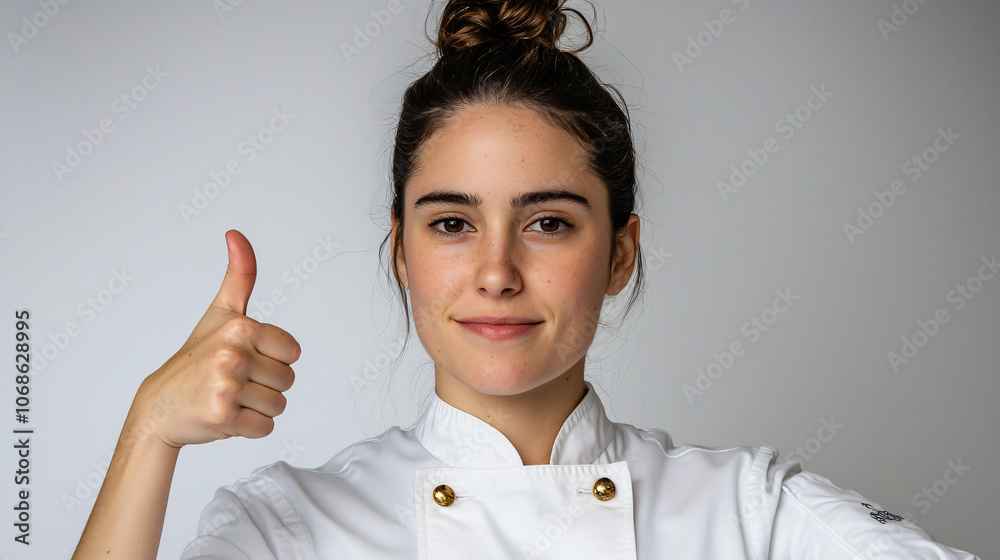female chef in action pose with thumbs up, on a white backdrop female chef in action pose with thumbs up, on a white backdrop