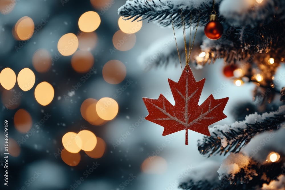 A red maple leaf-shaped ornament hangs on a snow-covered Christmas tree branch with sparkling lights in the background, symbolizing national pride and holiday spirit.