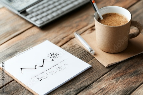 A cup of coffee next to a notepad featuring a growth doodle on a rustic wooden table, illustrating creativity, morning routine, and personal development. photo