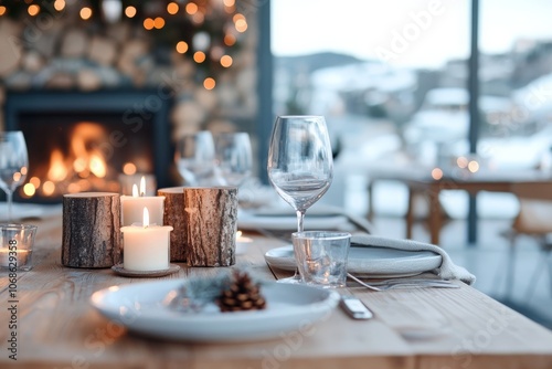 A warm and festive table setting with candles and a fireplace, creating a cozy ambiance for a holiday meal. Snowy outdoor view enhances the charm. photo