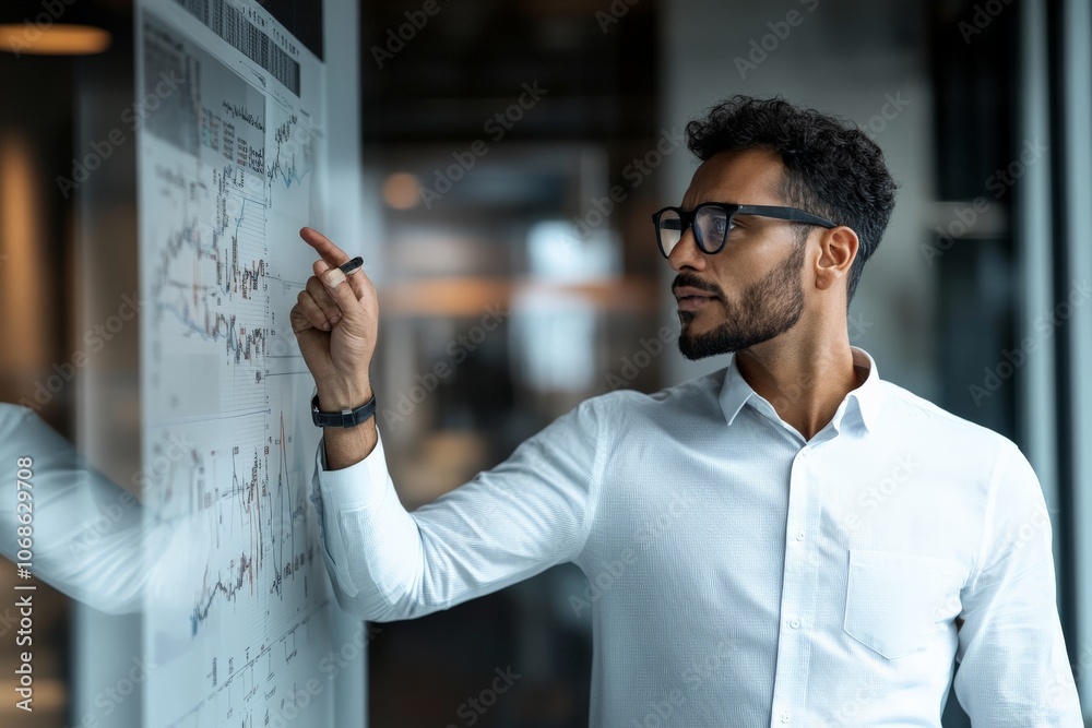 A man in a white shirt sketches data graphs on a transparent screen, symbolizing data analytics, planning, and strategizing in a modern workspace. A man in a white shirt sketches data graphs on a transparent screen, symbolizing data analytics, planning, and strategizing in a modern workspace.