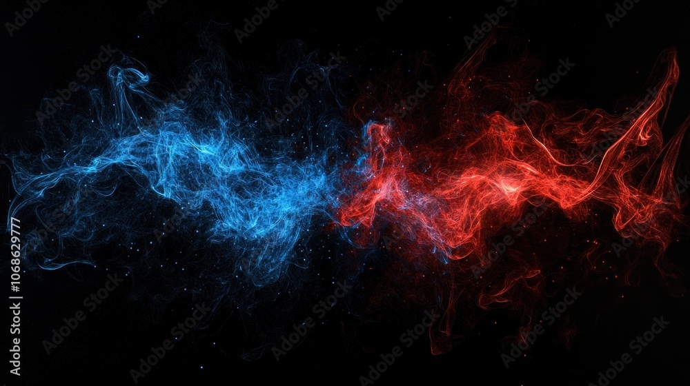 Abstract blue and red smoke like particles on a black background, with a lot of copy space. Abstract blue and red smoke like particles on a black background, with a lot of copy space.