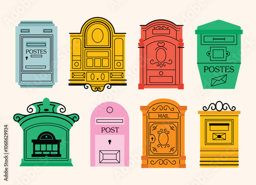 Mailboxes, Postal vintage letterboxes in various colors set. Different postboxes, mail. Postal service and communication concept. Hand drawn modern vector illustration isolated on background 