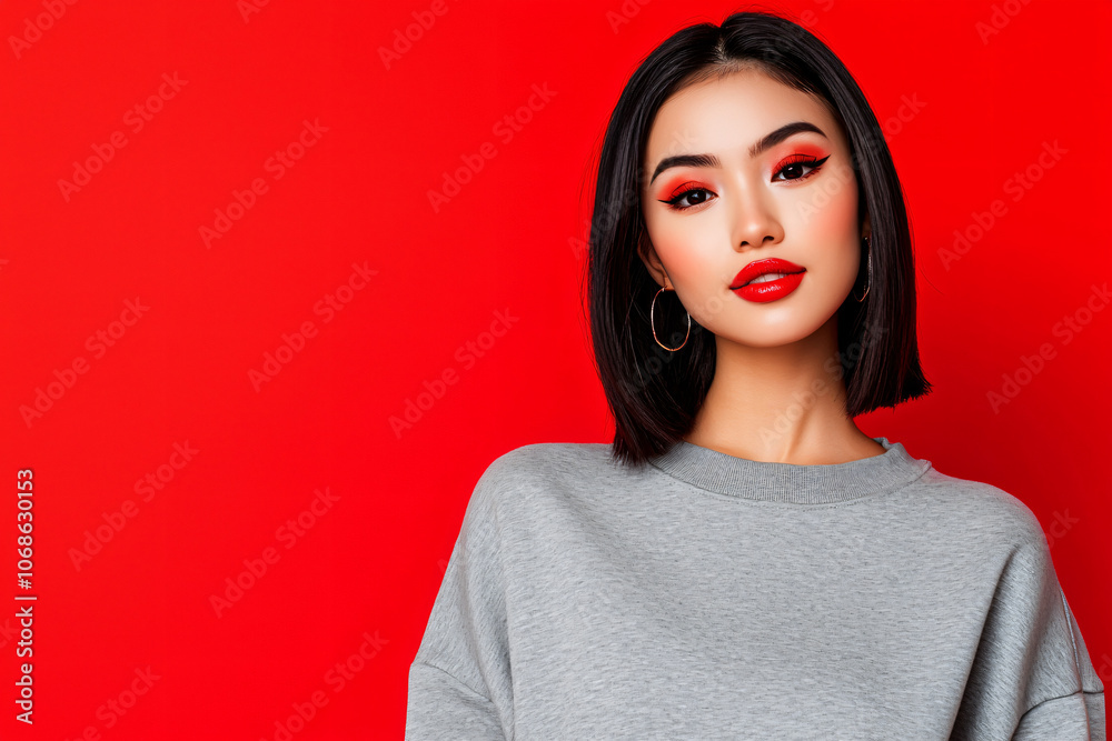 a contemporary woman with bob cut modeling plain gray sweatshirt a contemporary woman with bob cut modeling plain gray sweatshirt