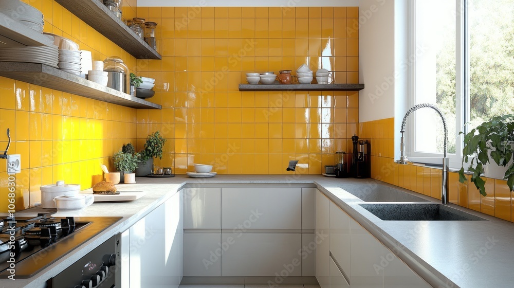 Modern Kitchen with Yellow Tile Backsplash and White Cabinets Modern Kitchen with Yellow Tile Backsplash and White Cabinets