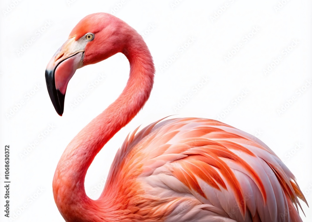 Obraz premium Stunning Isolated Portrait of a Flamingo on White Background - Elegant Bird Photography, Animal Portrait, Wildlife Art, Exotic Flamingo, Nature Photography, Avian Beauty, Minimalist Art