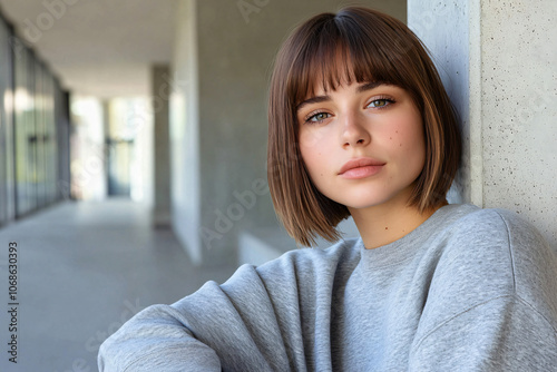 Free Download a contemporary woman with bob cut modeling plain gray sweatshirt - GFXLoad