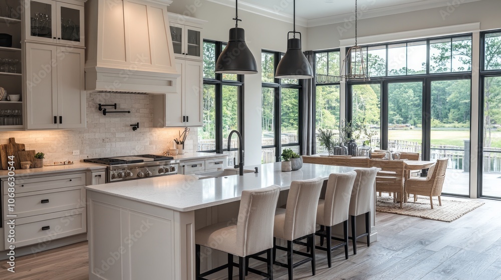 Modern Kitchen with Island and Large Windows Overlooking a Green Yard Modern Kitchen with Island and Large Windows Overlooking a Green Yard
