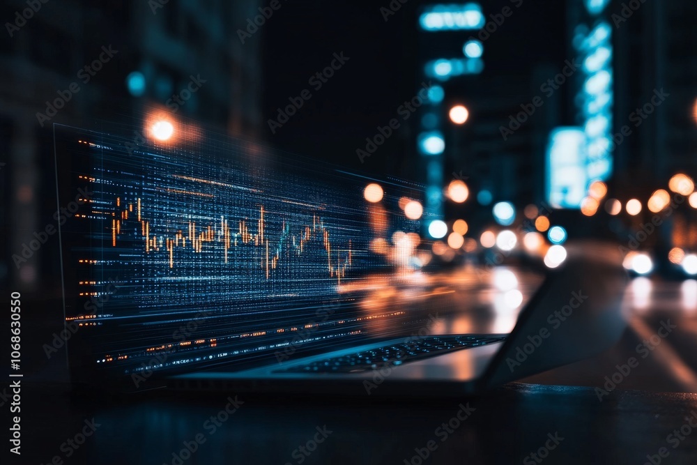 A laptop displaying a glowing financial graph against a blurred city background, representing modern finance and digital analysis in an urban environment.