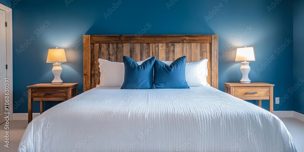 custom made wallpaper toronto digitalThis tranquil bedroom features a luxurious white bed against elegant teal walls, with a rustic headboard, stylish lamps, and minimalistic decor, creating an ideal haven for relaxation