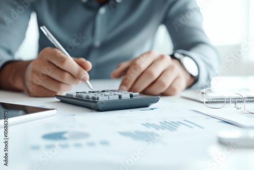 Person with a pen operates a calculator, surrounded by documents, symbolizing meticulous financial planning, budgeting, and accounting operations.