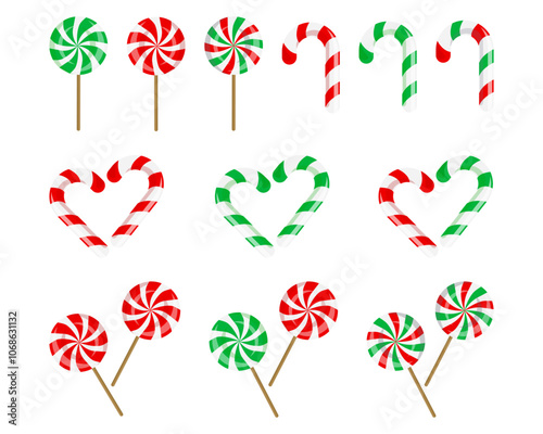 Christmas candy vector illustration set. Red and green caramel realistic sign. New year lollipop symbol. Santa striped caramel cane.