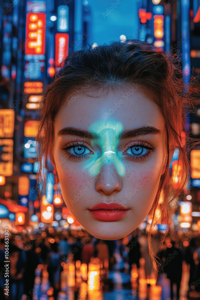 The artwork features a woman's face glowing with vibrant colors from city lights, set against a bustling urban backdrop at night The artwork features a woman's face glowing with vibrant colors from city lights, set against a bustling urban backdrop at night