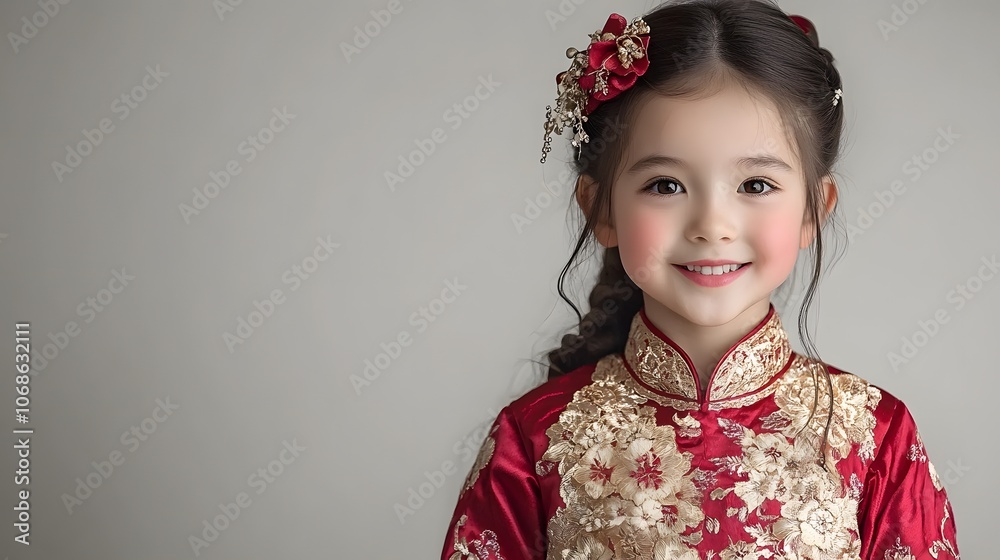 Smiling children in traditional attire, Chinese New Year brush painting background, festive mood Smiling children in traditional attire, Chinese New Year brush painting background, festive mood